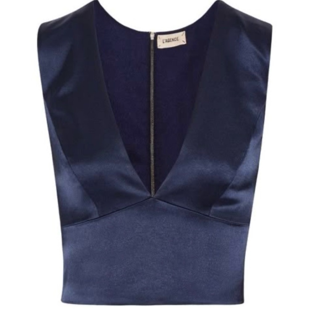 L’Agence Satin Crop Top Plunge Neckline Royal Blue Back Zipper Size 8 - Picture 7 of 7